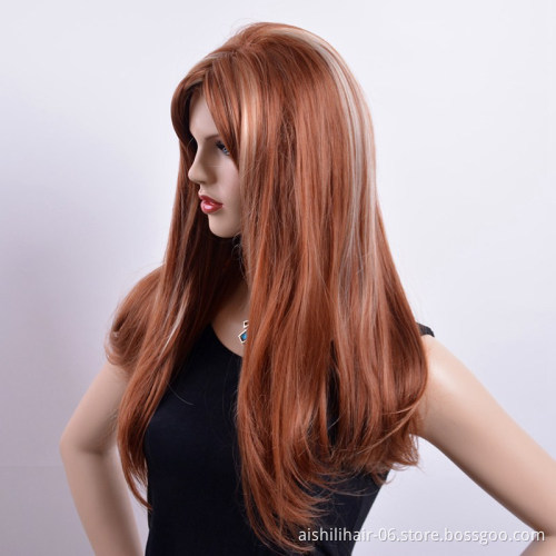 This year's bestselling women's long straight dark brown mixed with silver-white mid-parting wigs